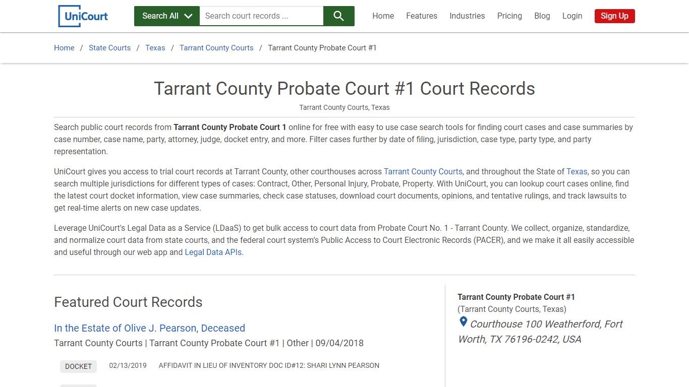 Probate Court #1 Court Records | Tarrant | UniCourt